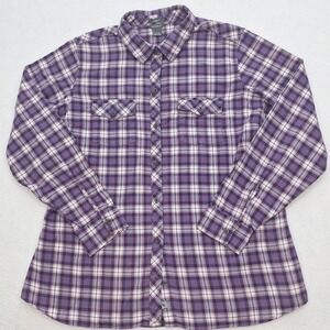 Eddie Bauer Shirt Womens XL Purple Plaid Flannel Button‎ Up Classic Fit Layering